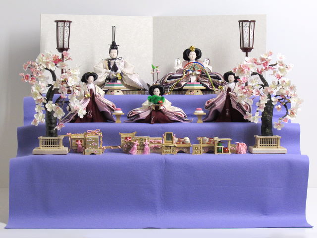 紫のグラデーションと桜の刺繍が渋い雛人形嫁入り道具収納式毛氈三段飾り