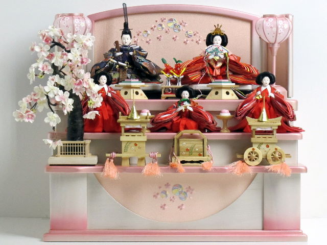 古典花柄の赤の女雛と紺の男雛の桜パールホワイト三段コンパクト収納飾り