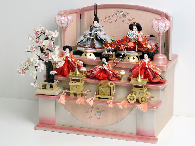桜柄友禅衣装のひな人形桜パールホワイト三段コンパクト収納飾り
