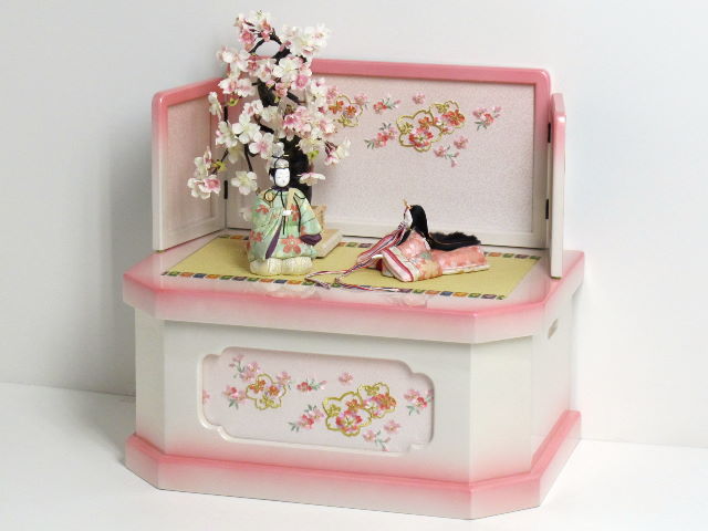 桜柄の雅な創作木目込み人形ホワイトピンク収納桜飾り