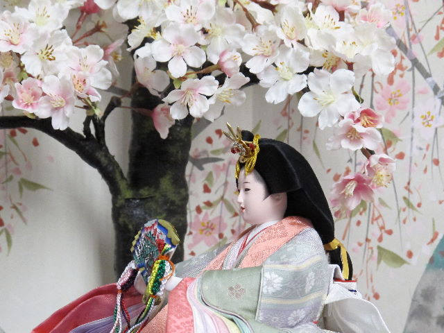 薄緑と紫の落ち着いた正絹衣装の雛人形を桜屏風の前に大きな桜の木と共に優雅に飾りました。桐箱に収める便利な収納タイプです。