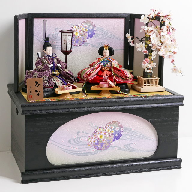 有職文様のオレンジと紫の雛人形桜刺繍黒木目収納親王飾り