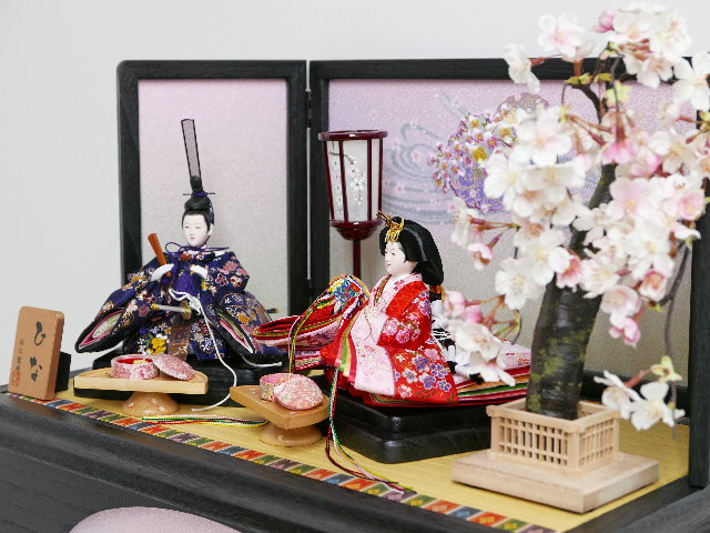 小桜金襴衣装雛人形桜刺繍黒木目収納親王飾り