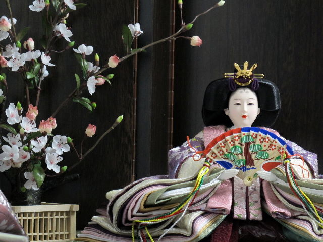 落ち着いた色合いの重ねと桜模様の衣装が特徴のお雛さまをゆったりと斜めに飾りました。白梅で彩る創作平飾りです。