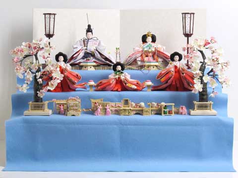 桜色と藤色の雛人形嫁入り道具収納式毛氈三段飾り