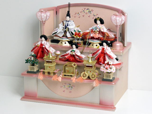 白地を基調とした桜刺繍の清楚なお雛様の桜橘パールホワイト三段コンパクト収納飾り