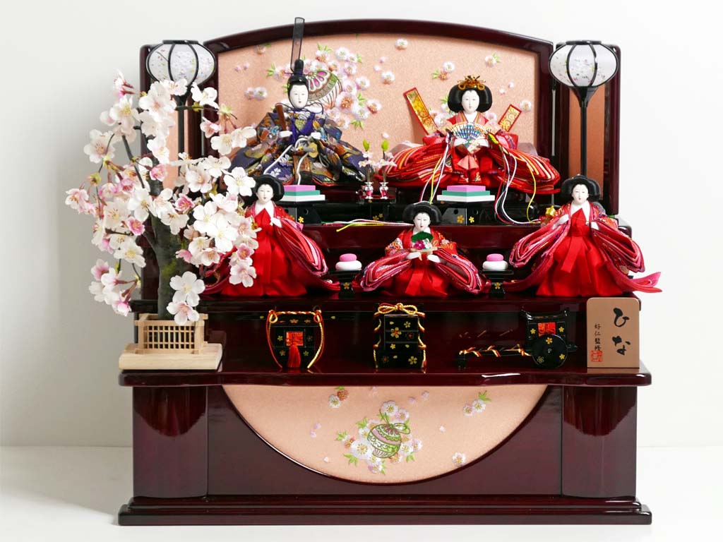 古典花柄の赤と紺の雛人形桜木花梨塗り収納三段飾りの通販～選ばれるお