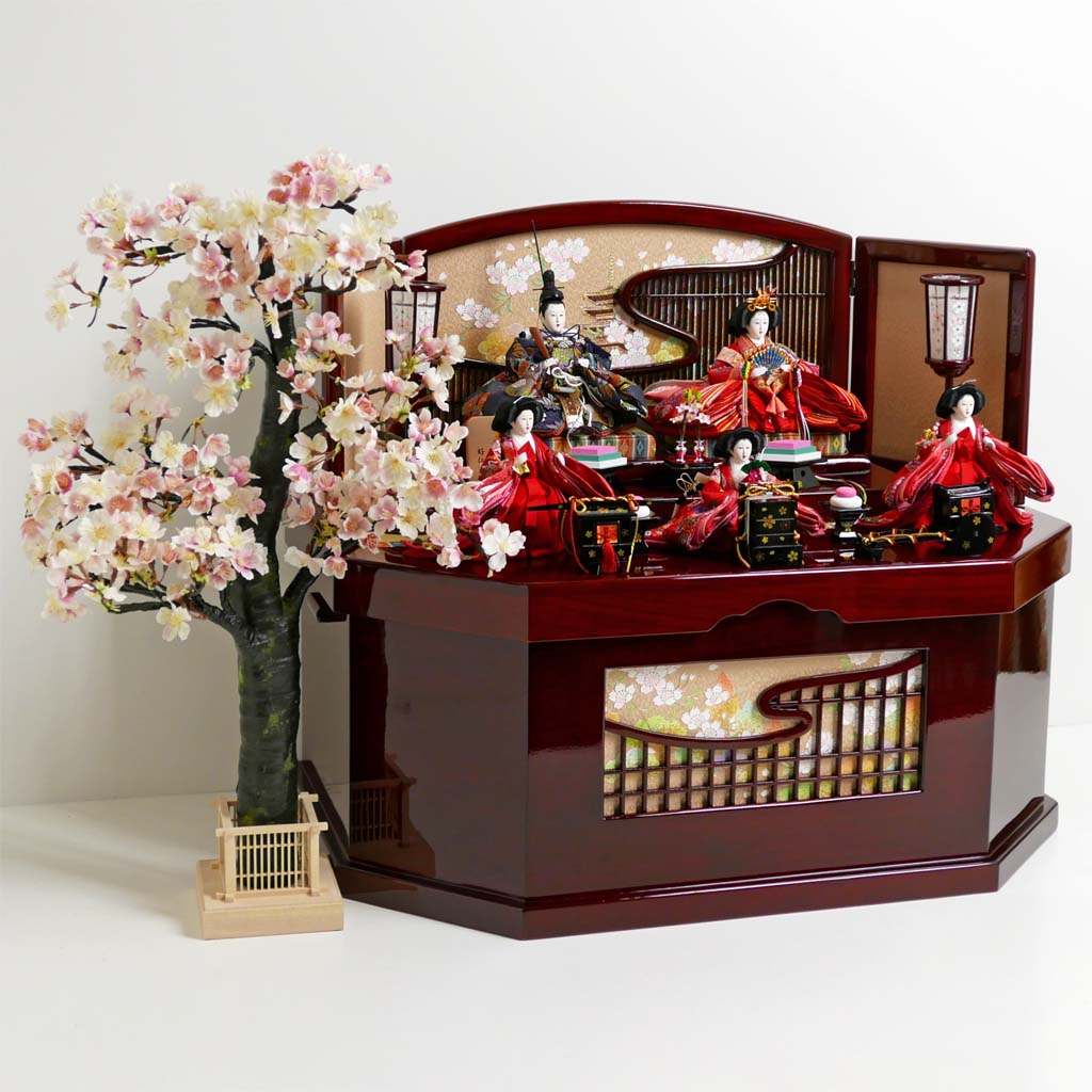 古典花柄の赤と紺のお雛様の桜都春慶塗収納飾り