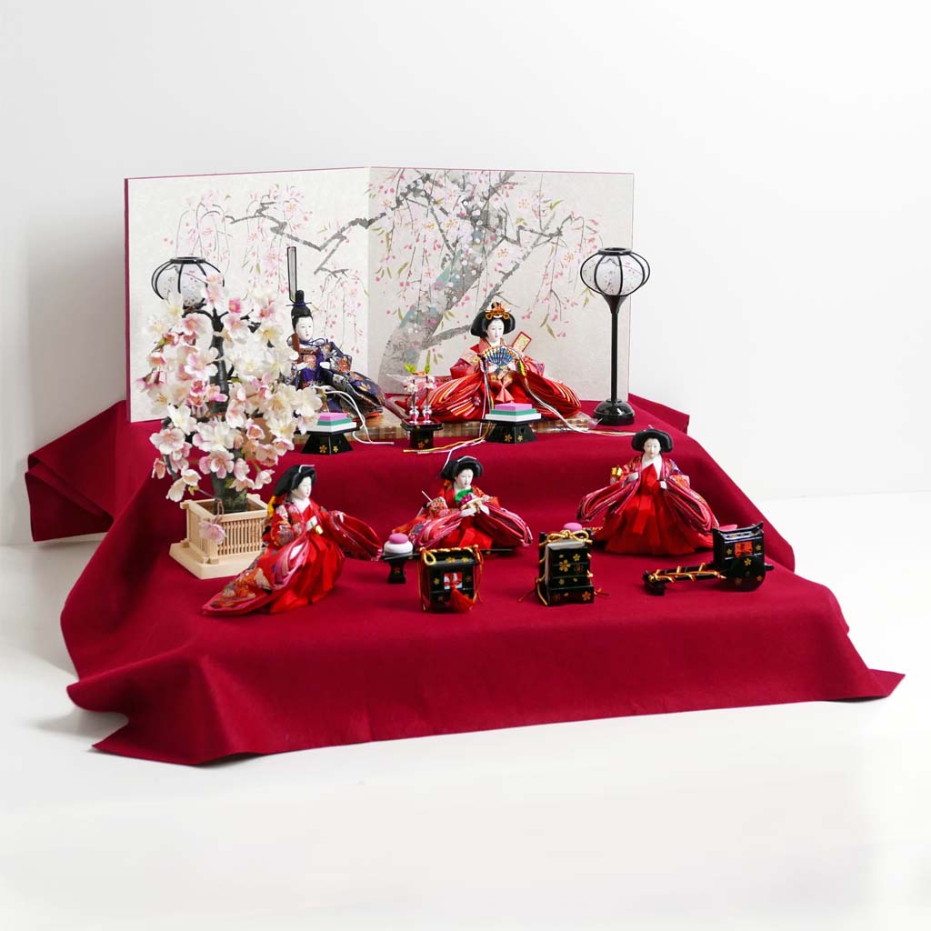 古典花柄の赤と紺の雛人形手描きしだれ桜屏風毛氈桐箱収納二段飾り