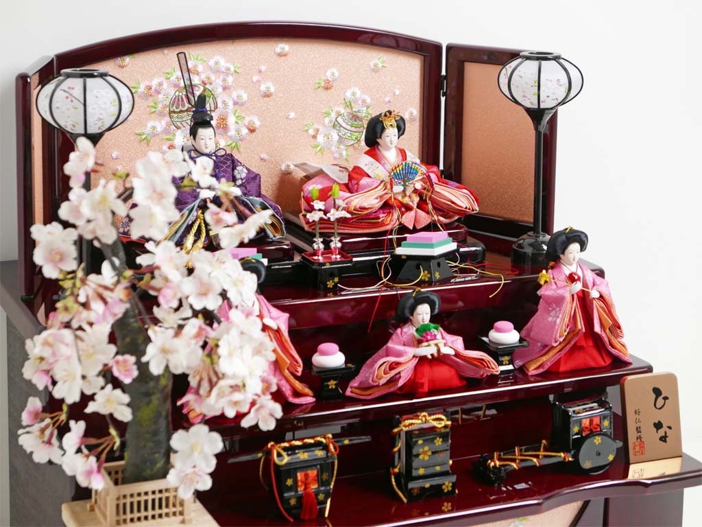 なでしこ模様衣装の雛人形桜木花梨塗り収納三段飾り