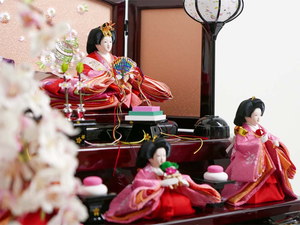 なでしこ模様衣装の雛人形桜木花梨塗り収納三段飾り