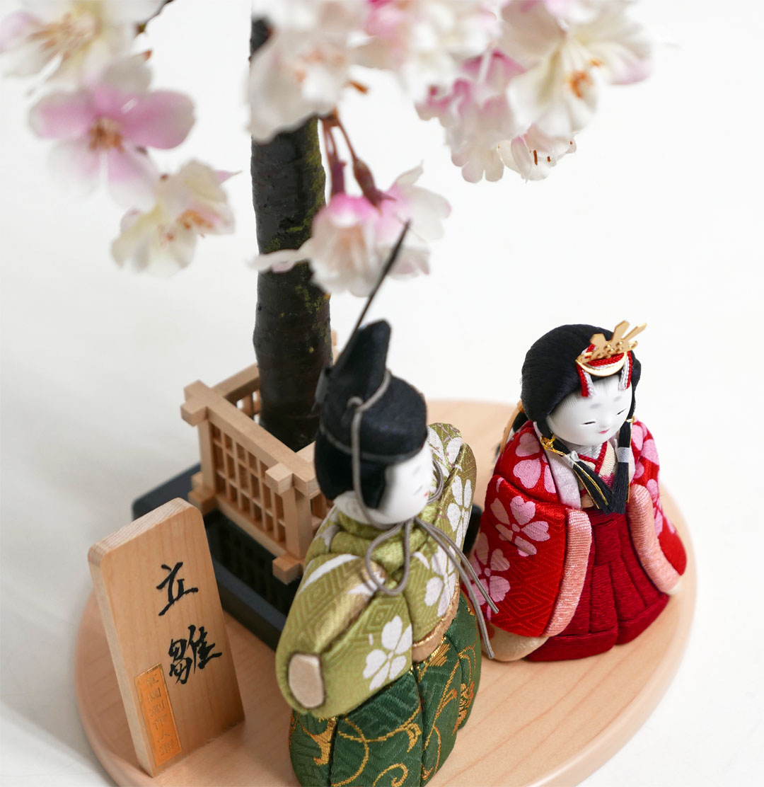 桜花柄赤深緑衣装ミニ立ち雛木目込み人形桜木飾り