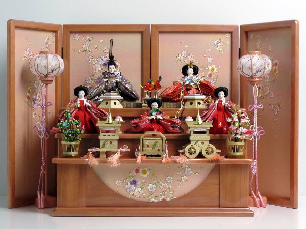 西陣織り桜柄衣装の雛人形収納式三段飾り