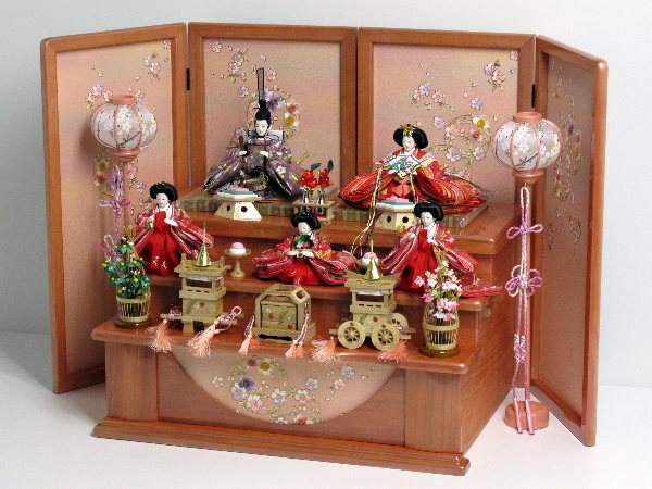 西陣織り桜柄衣装の雛人形収納式三段飾り