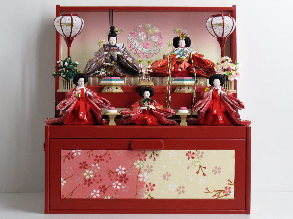 西陣織り桜柄で揃えた雛人形宝箱５人収納飾り