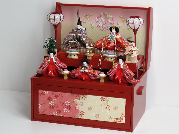 西陣織り桜柄で揃えた雛人形宝箱５人収納飾り