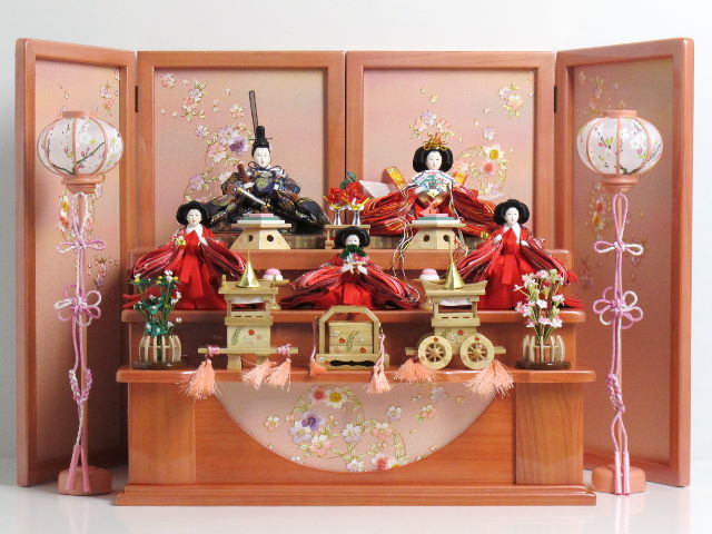 古典花柄の赤の女雛と紺の男雛のコンパクト開き屏風三段収納雛人形飾り