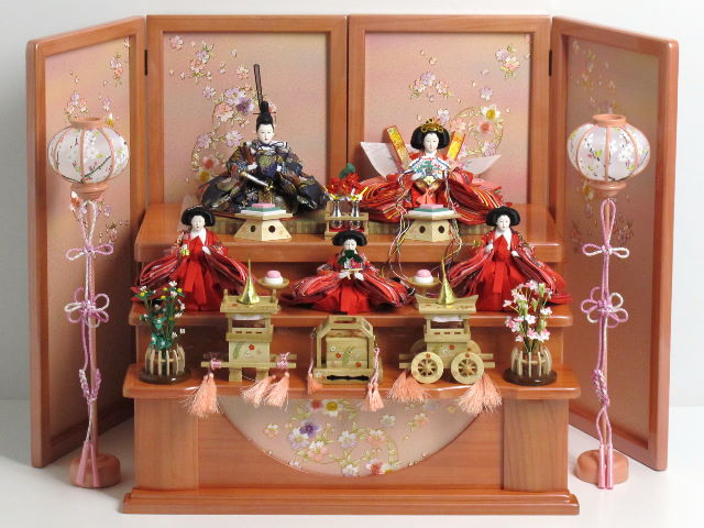 古典花柄の赤の女雛と紺の男雛のコンパクト開き屏風三段収納雛人形飾り