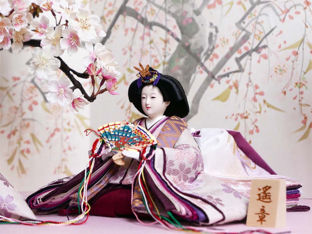 望月龍翠作 淡い紫のシックなお雛様を手描き桜屏風で彩る桐収納式雛人形(姫名前札付)の通販～選ばれるお店の雛人形