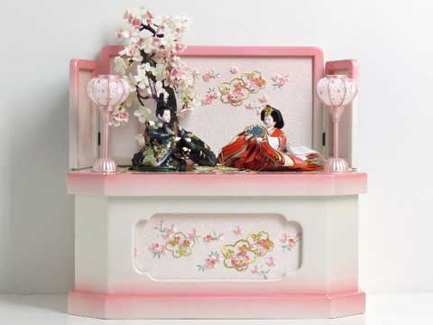 松竹梅衣装の小さな雛人形ホワイトピンク収納桜飾り