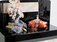 オレンジの女雛と紫の男雛を桜吹雪をデザインした黒塗りの収納箱と組み合わせました。