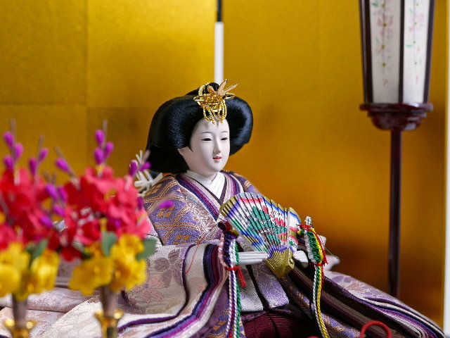 淡紫桜模様正絹衣装雛人形京箔黒木目収納親王飾り