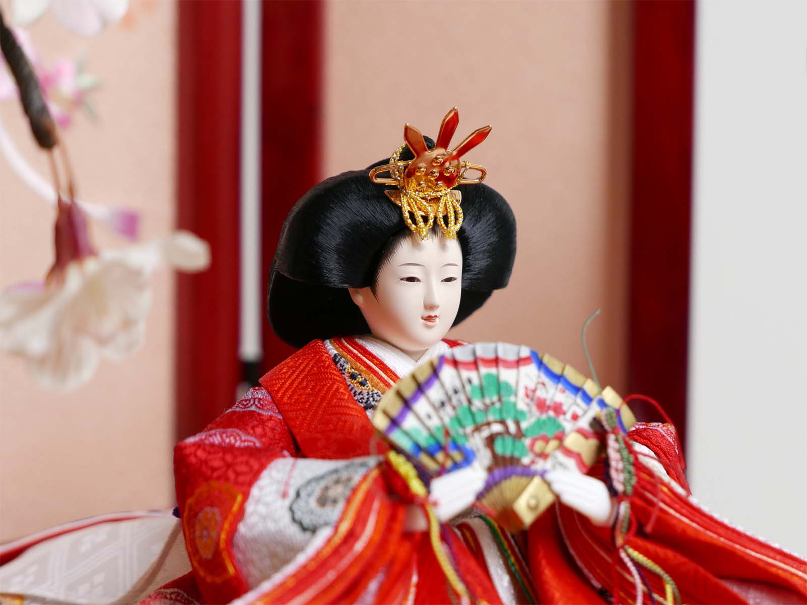 黄呂染衣装雛人形桜リボン赤塗り収納飾り(姫名前札付)