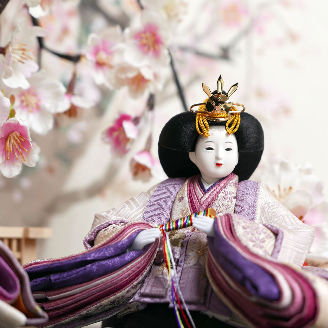 柴田家千代作 紫ぼかし刺繍桜衣装の雛人形手描き桜収納飾り