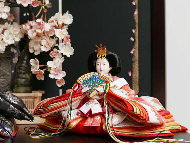 桜模様で赤と黒衣装の雛人形月と桜屏風収納飾り