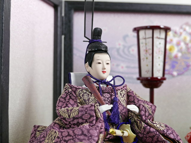 有職文様のオレンジと紫の雛人形桜刺繍黒木目収納親王飾り