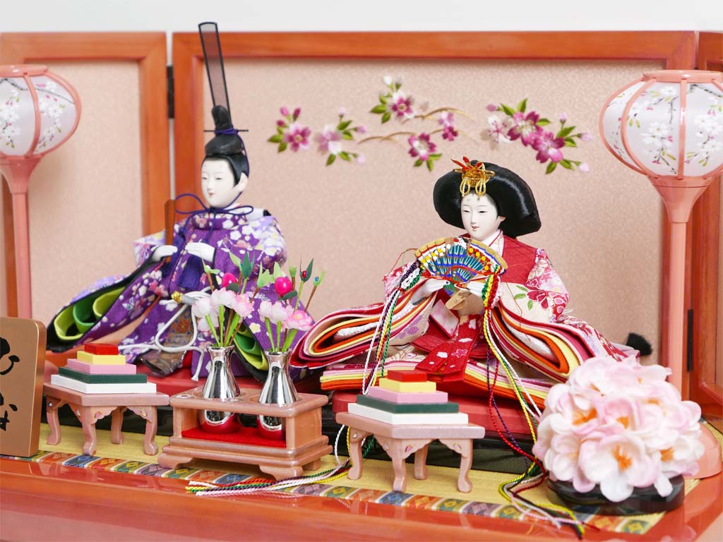 鮮やかな赤い友禅衣装雛人形桜花刺繍パールローズピンク収納飾り