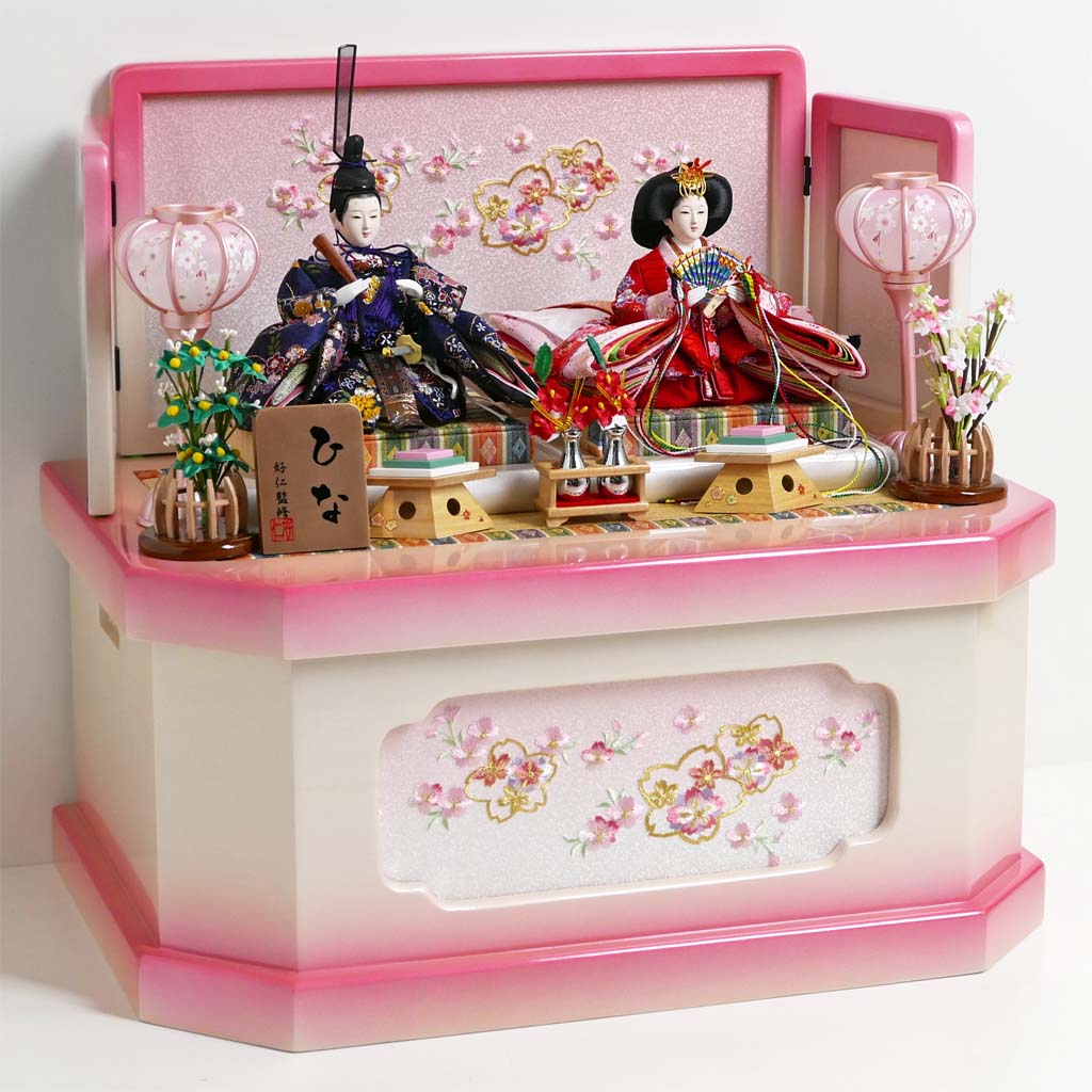 小桜金襴雛ホワイトピンクコンパクト収納飾り