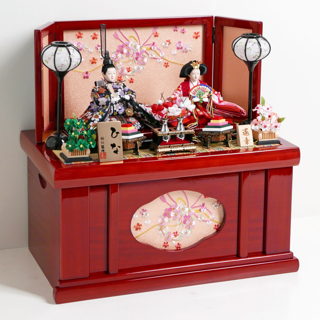 かわいいお顔の桜柄雛人形桜リボン赤塗り収納飾りの通販～選ばれるお店の雛人形