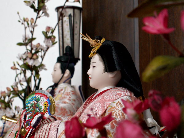 着せ付けの丁寧さが光る白地に桜を織り込んだほんわかやさしい雛人形親王飾り