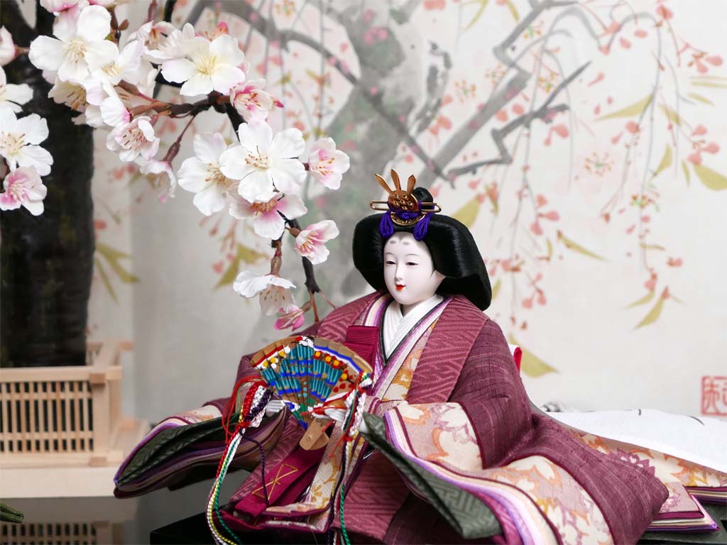 エンジ色の渋い紬衣装雛人形手描きしだれ桜屏風創作親王飾り