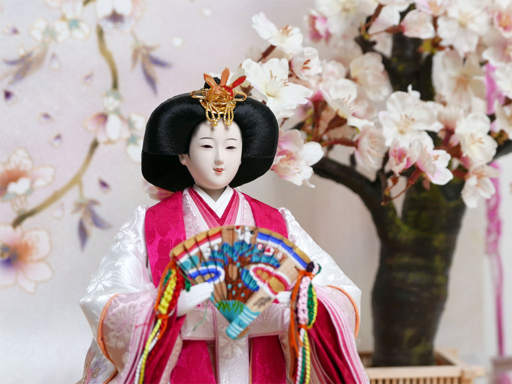 桜柄刺繍ぼかしピンク青衣装立ち雛大桜几帳親王飾り