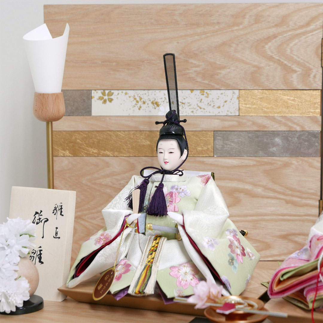 白ピンク桜柄刺繍衣装雛人形ナチュラル木目紅白桜親王飾