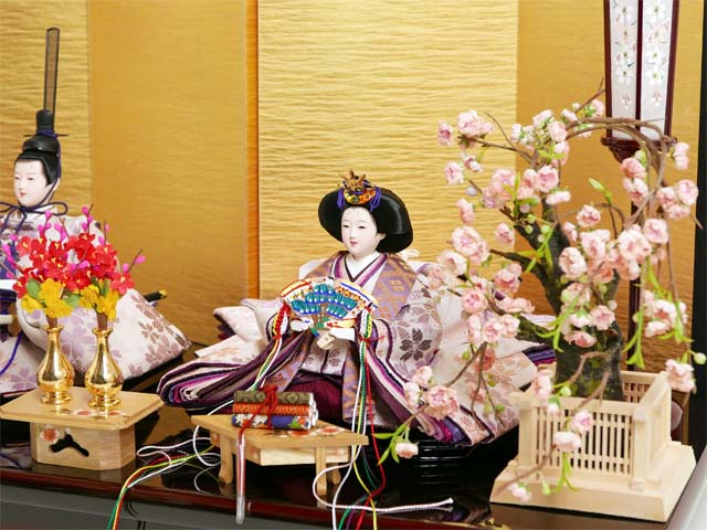 淡紫桜模様正絹衣装雛人形の四曲絹金屏風桃花親王飾り