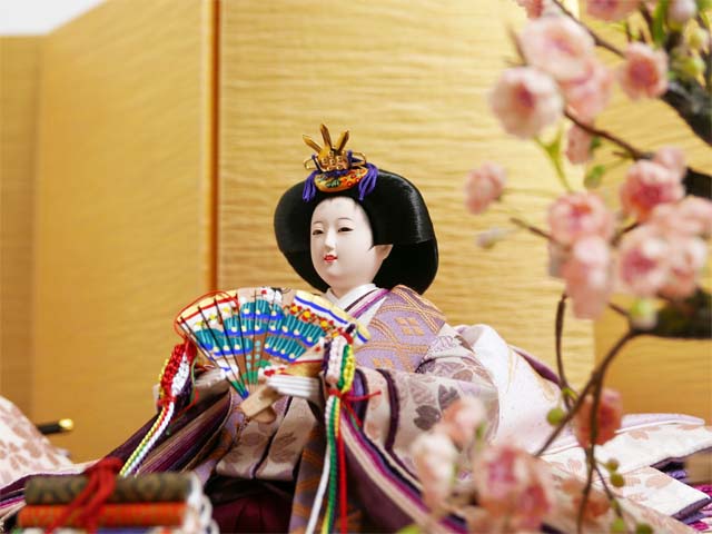 淡紫桜模様正絹衣装雛人形の四曲絹金屏風桃花親王飾り