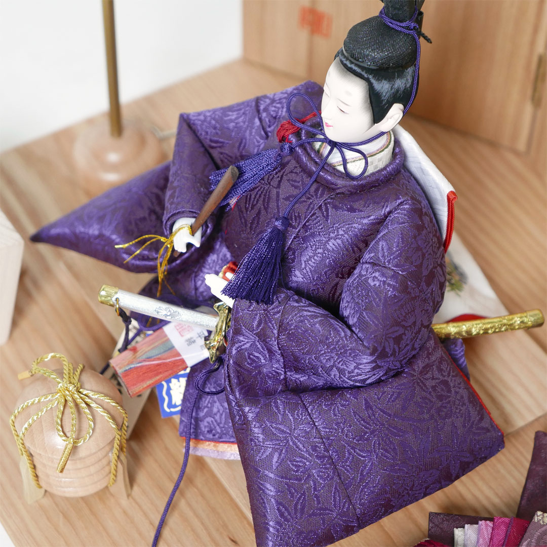 望月龍翠作 えんじ色と濃紫の雛人形麻の葉模様タモ屏風親王飾り