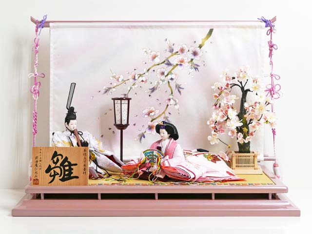 金彩白桜本着付雛人形しだれ桜几帳親王平飾り