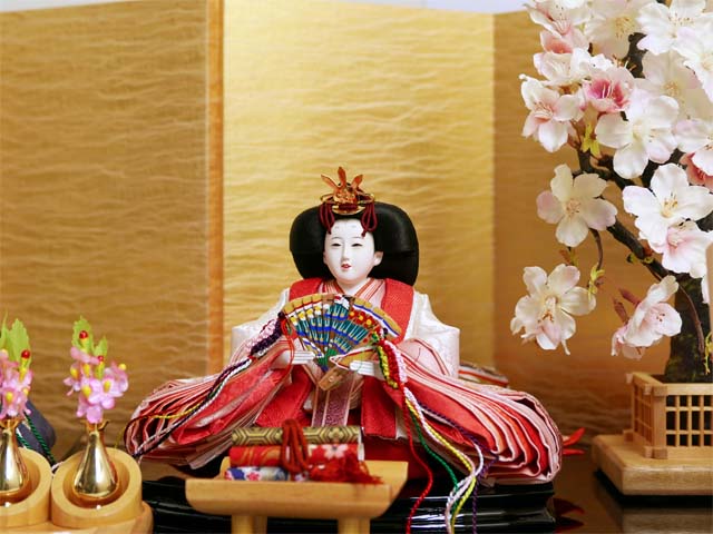 桜刺繍ぼかし衣装の華やかな雛人形の四曲絹金屏風桜親王飾り
