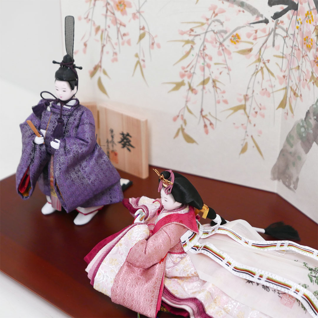 柴田家千代作 麻の葉文様衣装の雛人形手描きしだれ桜屏風親王飾り