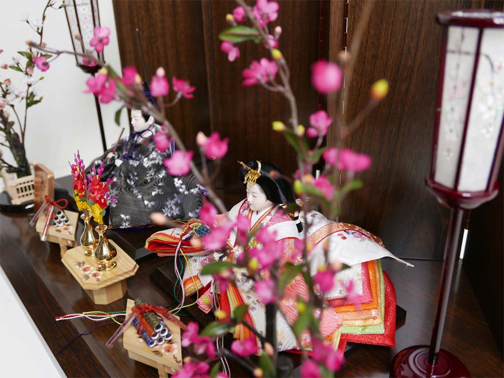 桜模様で赤と黒衣装の雛人形茶塗り六曲屏風紅白梅親王飾り