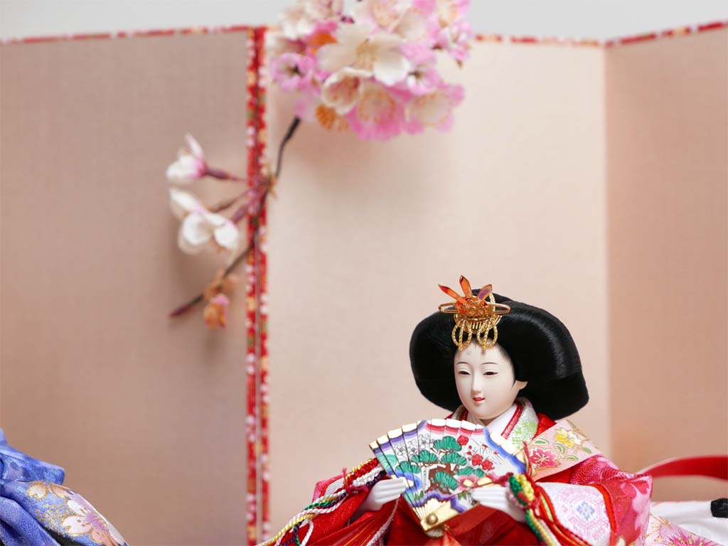 桜刺繍ピンク青衣装雛人形桜玉ピンク屏風親王飾り