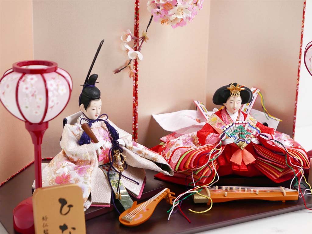 桜刺繍赤ベージュ衣装雛人形桜玉ピンク屏風親王飾り