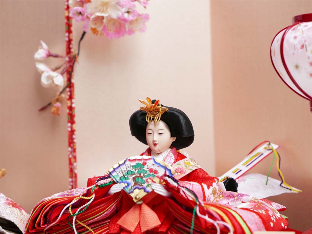 桜刺繍赤ベージュ衣装雛人形桜玉ピンク屏風親王飾り